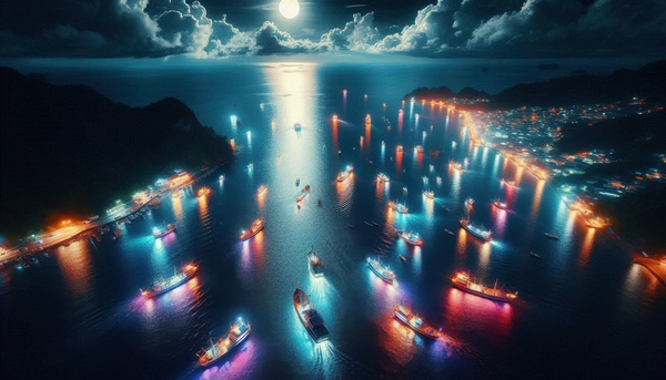Luminous boats at night at sea 1 by Nile