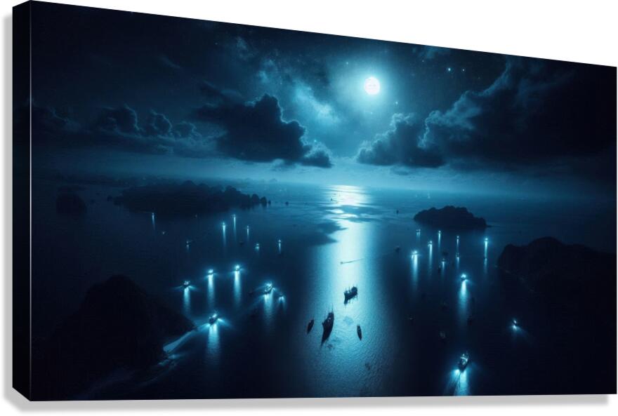 Luminous boats at night at sea 12 Canvas Print