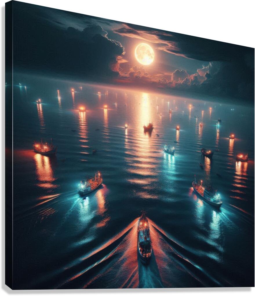 Luminous boats at night at sea 16 Canvas Print