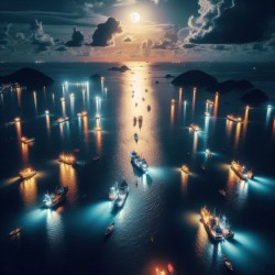 Luminous boats at night at sea 23