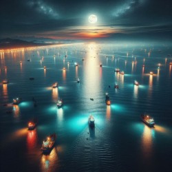 Luminous boats at night at sea 9