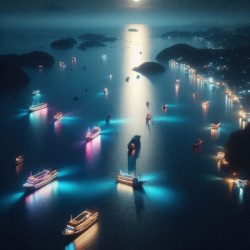 Luminous boats at night at sea 35