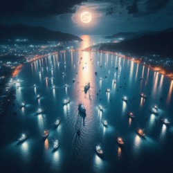Luminous boats at night at sea 3