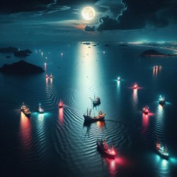 Luminous boats at night at sea 6