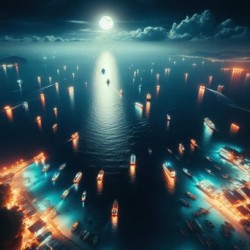 Luminous boats at night at sea 4