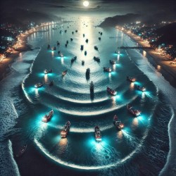 Luminous boats at night at sea 36