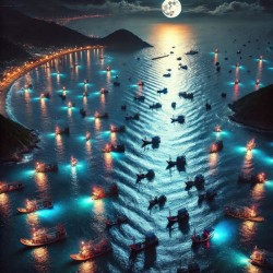 Luminous boats at night at sea 5
