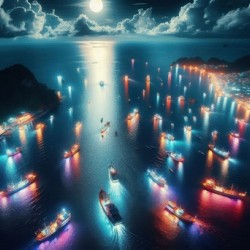 Luminous boats at night at sea 1