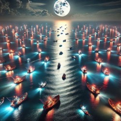 Luminous boats at night at sea 22