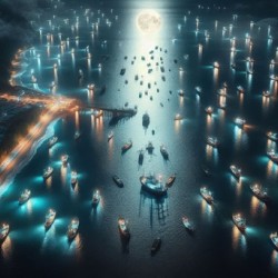 Luminous boats at night at sea 8