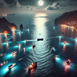 Luminous boats at night at sea 32