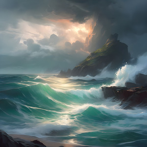 Crashing waves collide against the rugged mountain