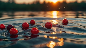 Red berries falling in the water and sunrise