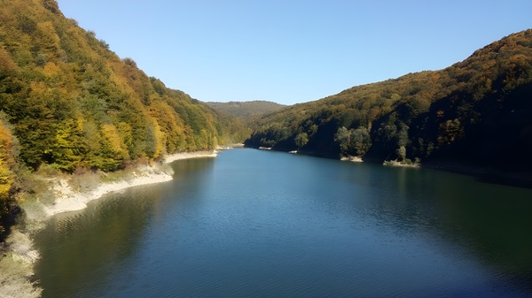 A stunning landscape of mountains trees and green leaves with water - Romania Print