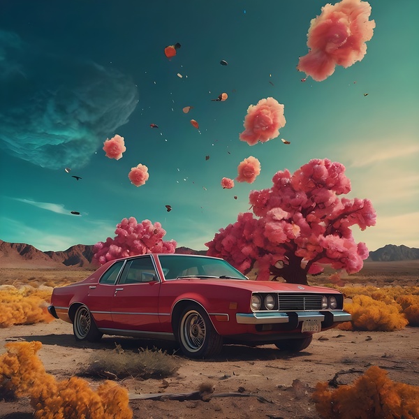 A luxury car in the pink wilderness Print