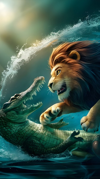 The lion fights with the crocodile in the water by SevenNights