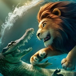 The lion fights with the crocodile in the water