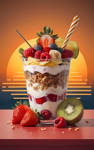 fresh fruit parfait scene against orange sunrise  1715614461.3903