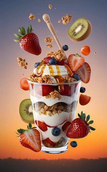 fresh fruit parfait scene with elements floating by Surf