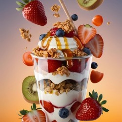fresh fruit parfait scene with elements floating