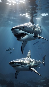 Megalodon swimming next to a modern Great shark