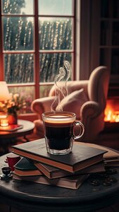 glass of steaming coffee placed on a table covered with books