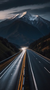 Empty Highway Overlooking Mountain Under Dark Sky