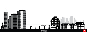 illustration of basel city skyline with flag and text