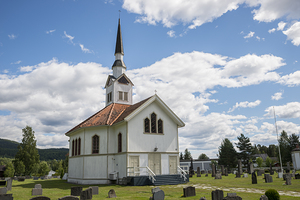 white wooden stave church near Leira in Norway