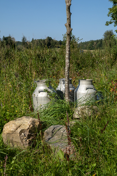 Vintage Milk Jugs in a Scenic Countryside Landscape Print