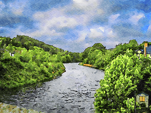 Serene watercolor landscape of a river in County Wicklow Ireland