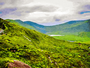 Picturesque watercolor landscape of Conor Pass in the Dingle Peninsula Ireland