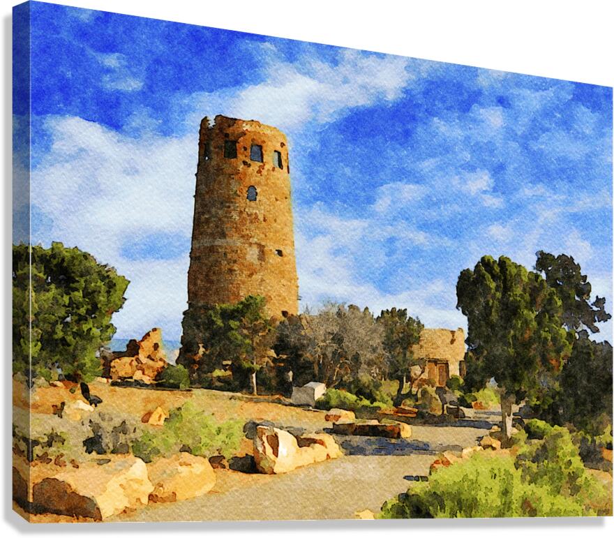 Watercolor painting of Desert View Watchtower at Grand Canyon Arizona Canvas Print