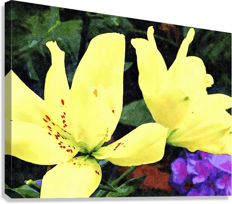 Vibrant yellow lilies in a watercolor style against greenery and yellow blooms Canvas Print