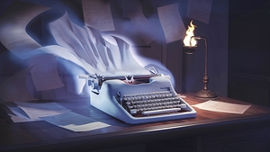 A Glowing Typewriter with Papers and Burning Tabl