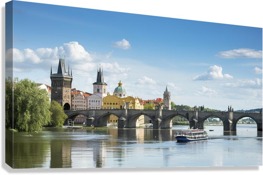 Touristic boat near the Charles bridge in Prague. Canvas Print