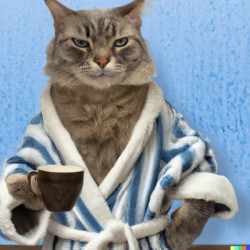 grumpy cat in bathrobe holding coffee