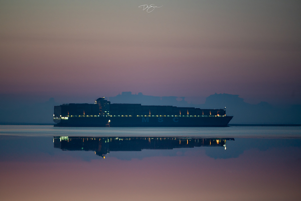 Spectacular Sunset Reflection: Cargo Boat in Victoria BC Print