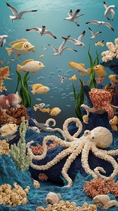 a whimsical underwater scene crafted entirely f