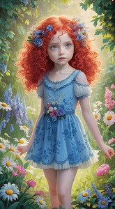 a young girl with curly vibrant red hair adorned