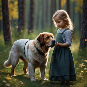 Little Girl And Dog In The Forest