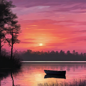 A serene sunset over a calm lake reflectin