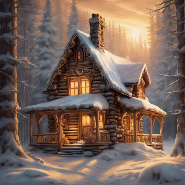 A cozy cabin nestled in a snowy forest sm Print