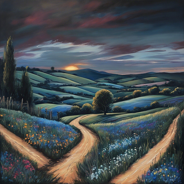 A tranquil countryside scene at golden hou Print