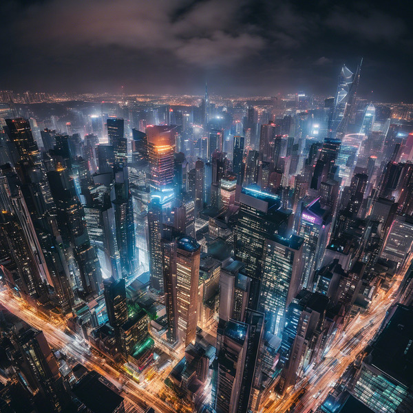 A bustling city skyline at night neon lig Print