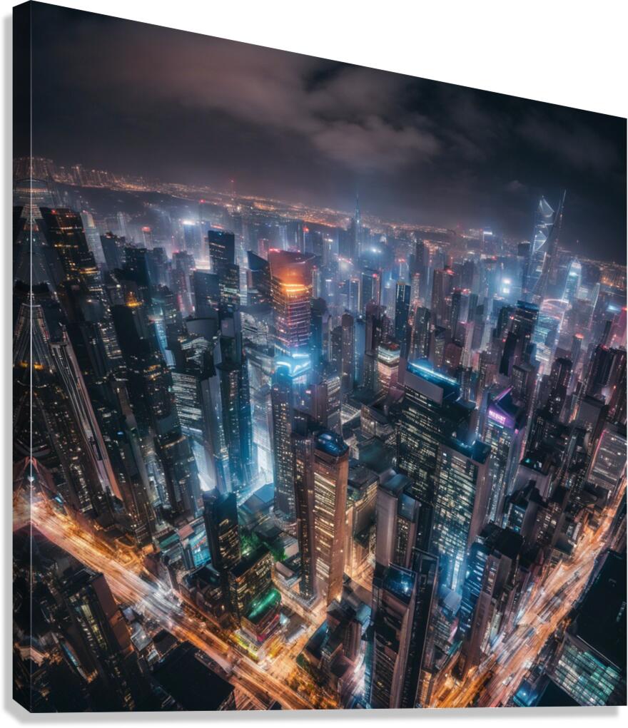 A bustling city skyline at night neon lig Canvas Print