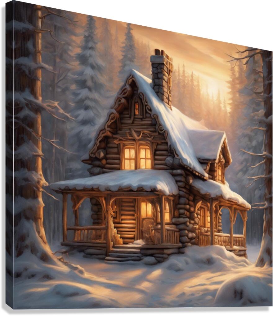 A cozy cabin nestled in a snowy forest sm Canvas Print