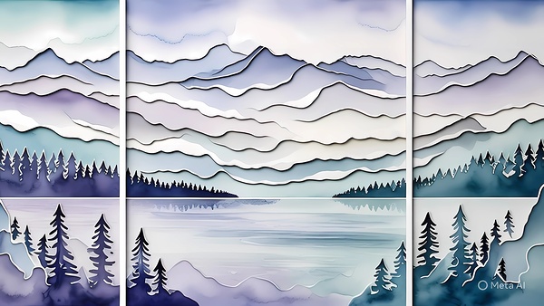 Layered Mountain Lake Triptych in Cool Tones by Mubarak Malik Ibrahim