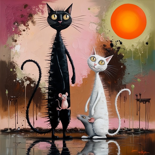 Black  white cats and happy rat by SCARABEE HUB