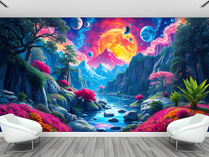 Mural Psychedelique de Paysage Naturel en Verre Trempe